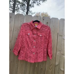 ruby rd Women's Blouse‎ Size 10 pink square geometric sheer 3/4 sleeve button up